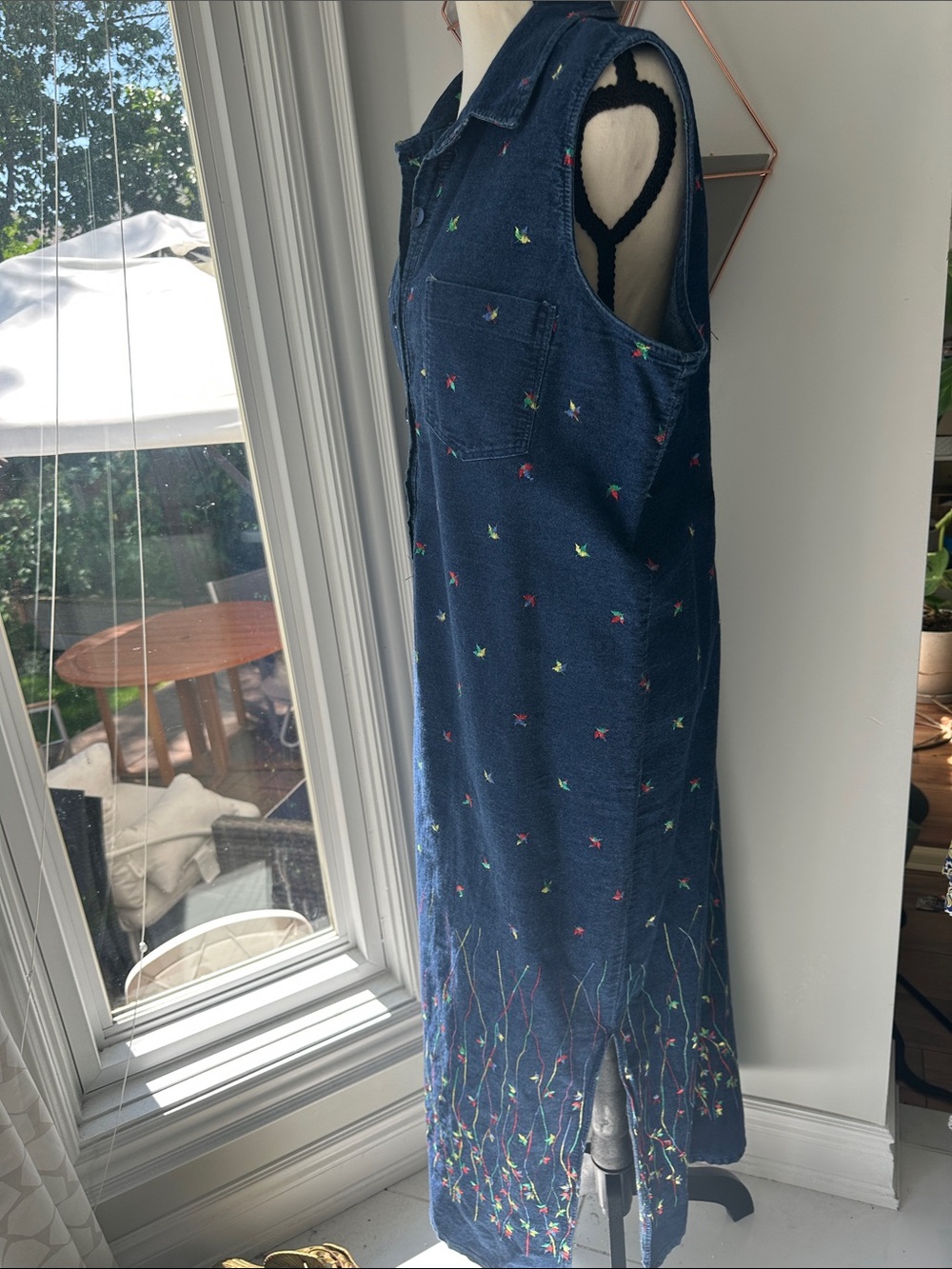 VINTAGE 90s Denim Navy Blue Embroidered Maxi Jean Dress Button Front Size 16 - Picture 5 of 14